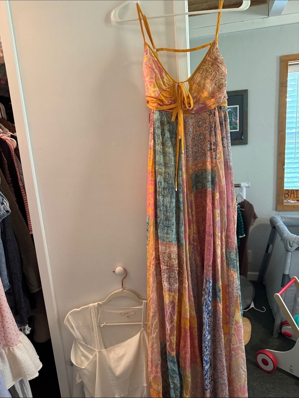 Olivaceous Multicolor Patchwork Maxi Dress with Mustard Ties